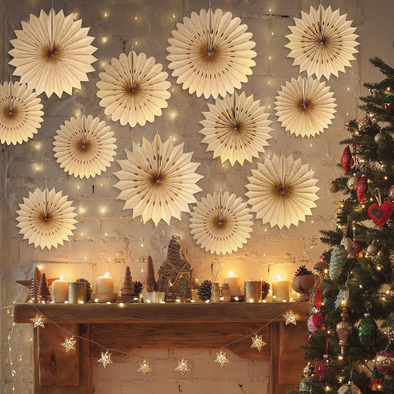 Resholder 9 Pcs Hanging Decorations Large Paper Fans Neutral Paper Fans Hanging Lamp Ornament Kit for Christmas Holiday Party Supplies Home Decorations 10/12/14 Inch(Brown) - Image 4